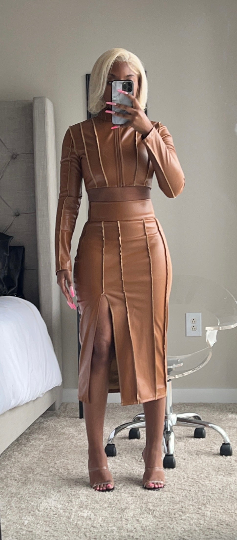 It's All Out Caramel Slit Skirt